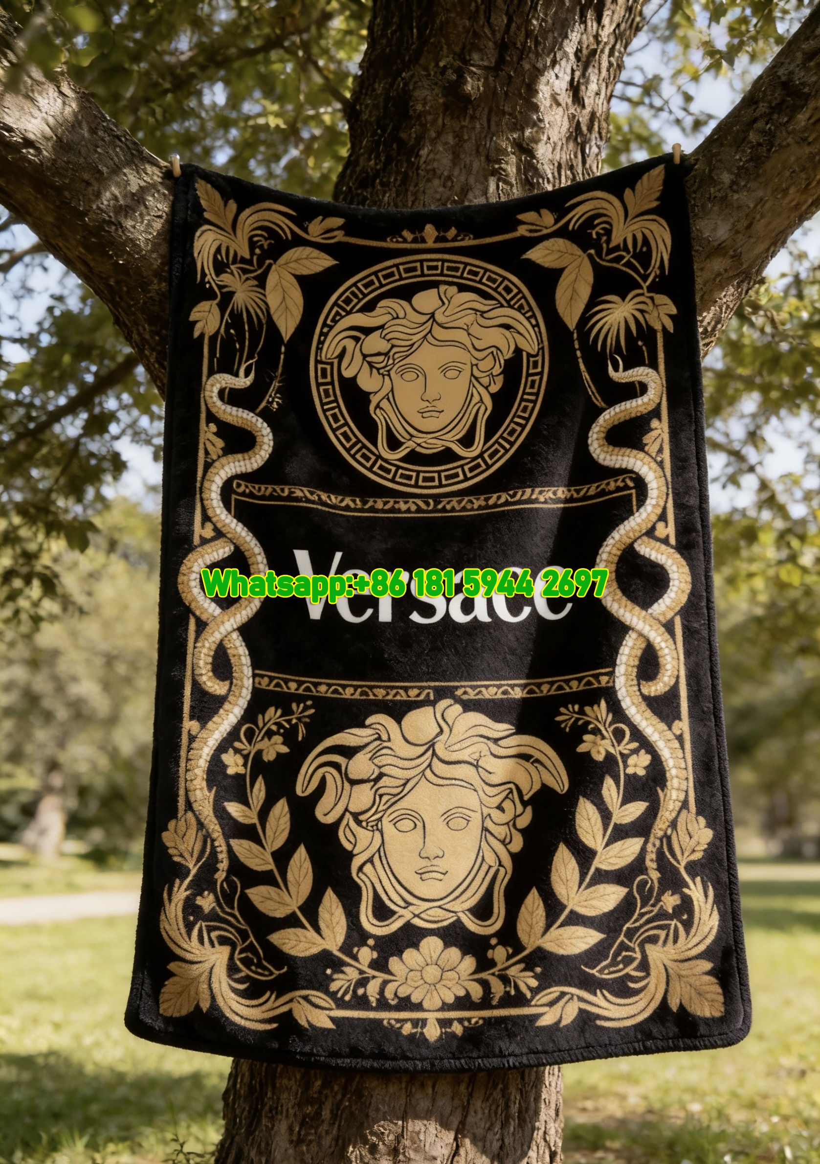 Versace Black Gold Medusa Head Print Flannel Throw Blanket IMG_1663
